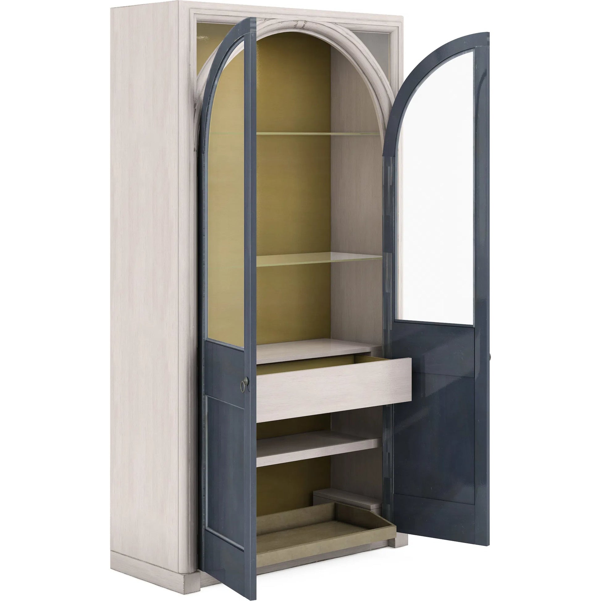 Alcove Display Cabinet by A.R.T. Furniture in belgian ivory, slate blue. Made from acacia solids, maple veneers, glass, linen, metal in a modern style.