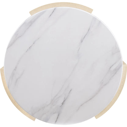 Westwood Round Side Table by Hooker Furniture in polished limestone, quartered oak veneers. Made from glass reinforced concrete, oak veneers, leather, brown leather exterior in a transitional style.