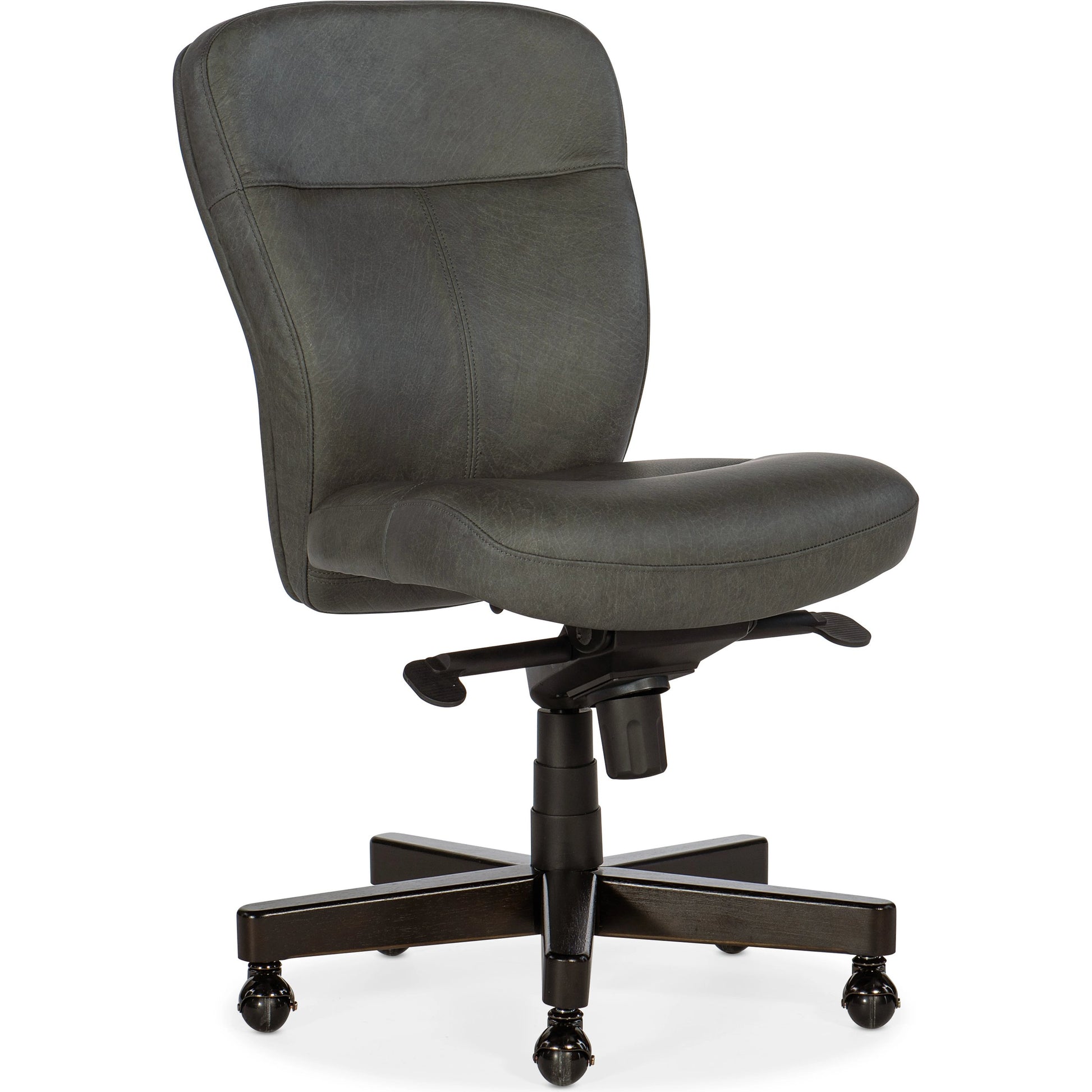 Sasha Executive Swivel Tilt Chair by Hooker Furniture in big top dark taupe and dark wood. Made from leather (semi-aniline top grain) in a transitional style.