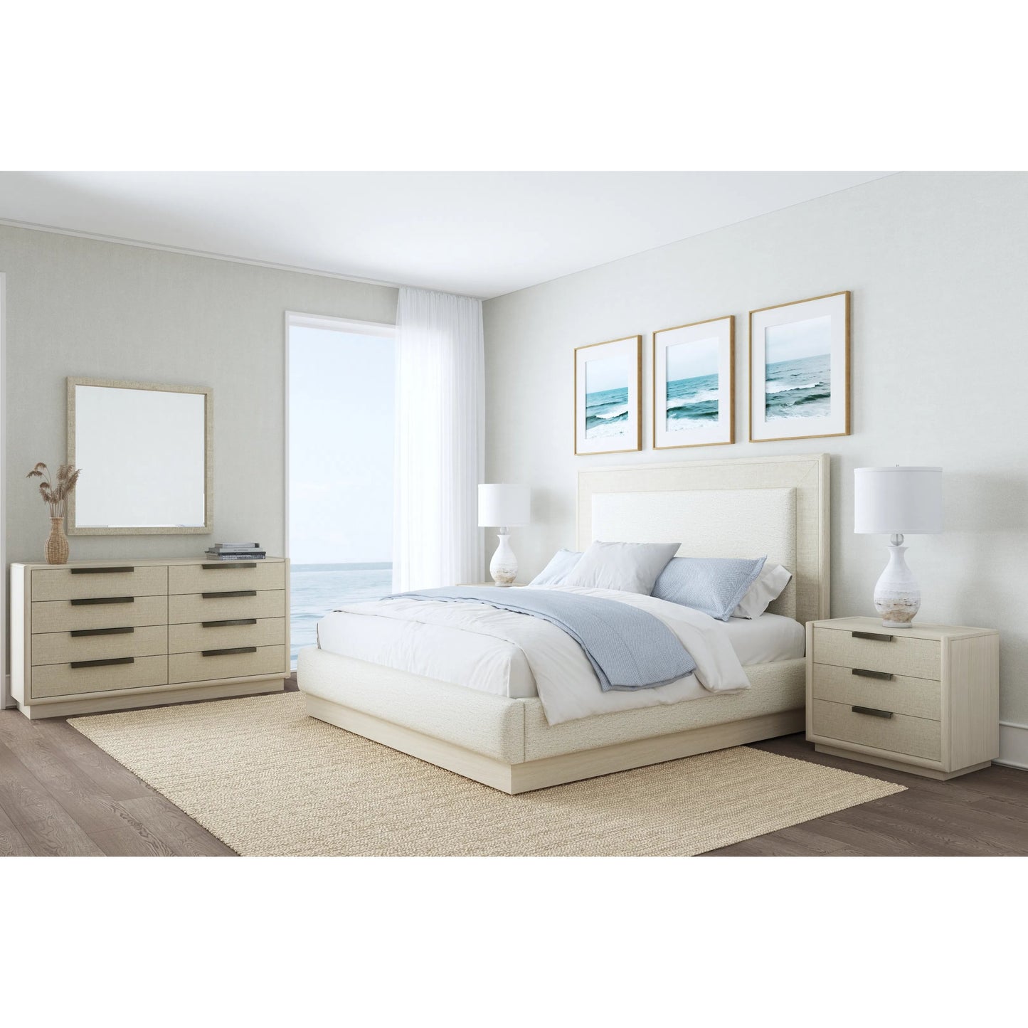 008 SI-2453375 | Lifestyle | Cotiere Nightstand in Linen by A.R.T. Furniture in linen. Made from parawood solids, mixed split cathedral, quarter white oak veneers, fabric in a transitional style.