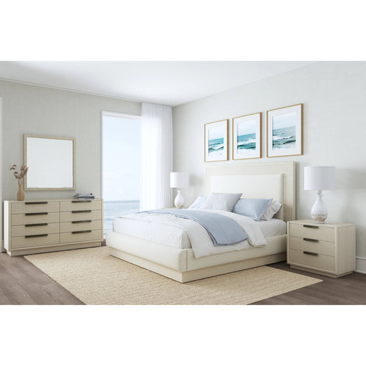 Cotiere Nightstand in Linen by A.R.T. Furniture in linen. Made from parawood solids, mixed split cathedral, quarter white oak veneers, fabric in a transitional style.