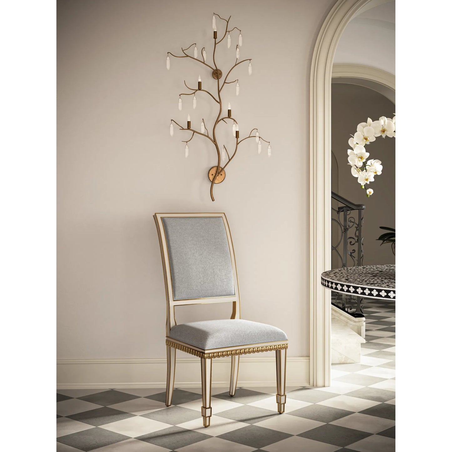 010 S-222886 | Lifestyle | Forest Light Wall Sconce by Currey and Company in washed lucerne gold, natural. Made from wrought iron, crystal stone in a traditional style.
