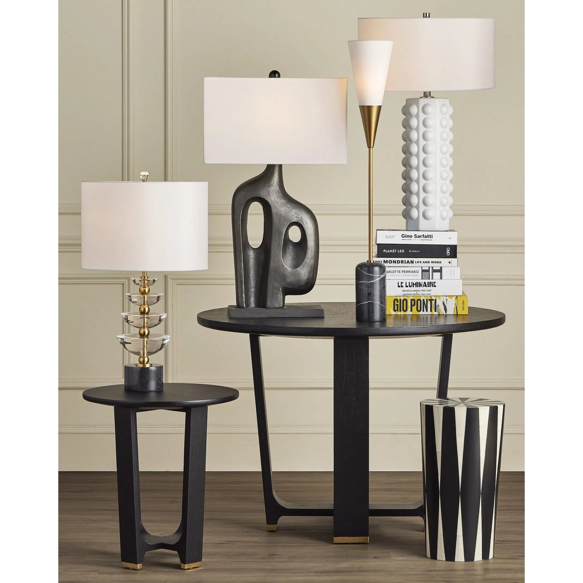Martini Torchiere Table Lamp by Currey and Company in brushed brass, black. Made from metal, marble in a modern style.
