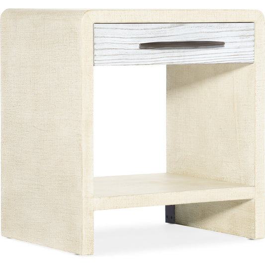 Cascade Nightstand by Hooker Furniture in pebble beach, chalk. Made from cast resin drawer fronts, burlap in a cottage & farmhouse style.