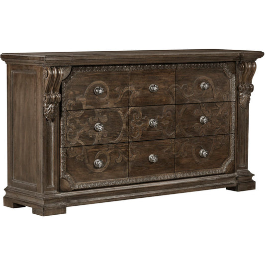 Vintage Salvage Wren Dresser by A.R.T. Furniture in brown and walnut. Made from parawood solids in a traditional style.