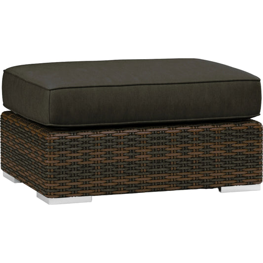 Montecito Outdoor Ottoman by Sunset West in cognac. Made from resin wicker in a modern style.