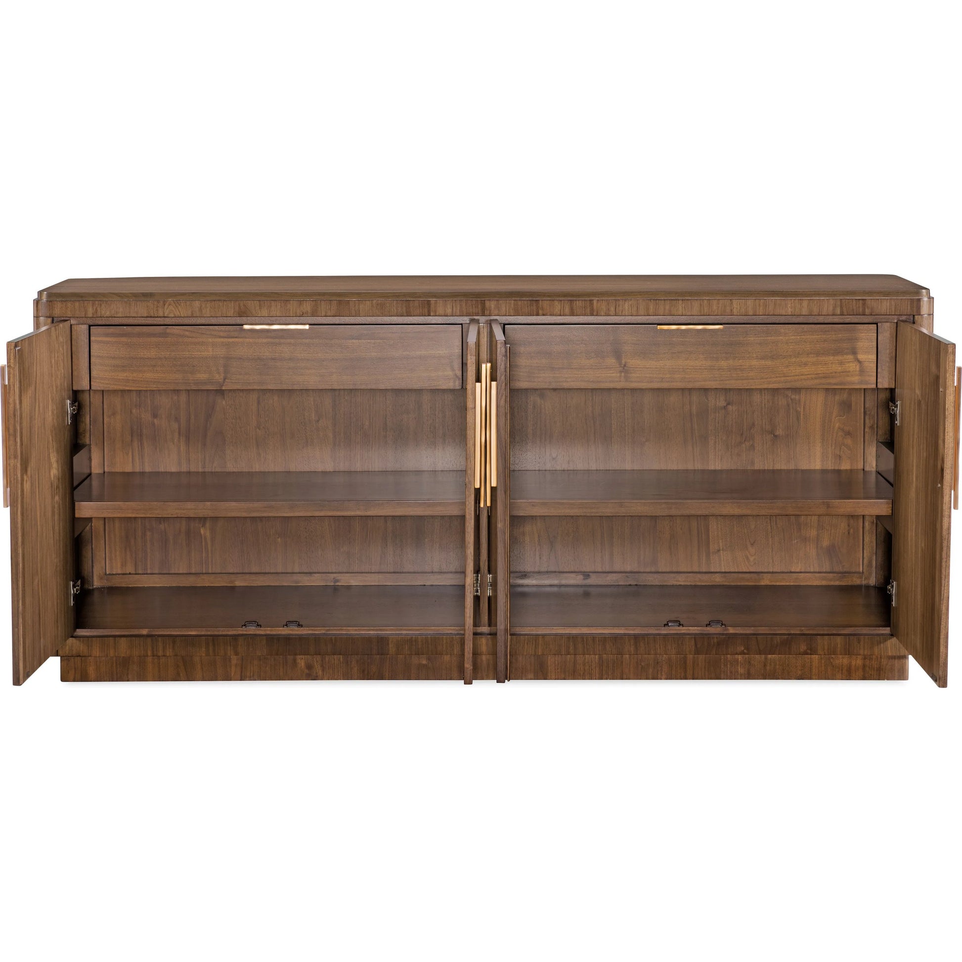 Eleana Buffet by Hooker Furniture in light caramel, quartered walnut veneers, sunlit bronze metal. Made from walnut veneers in a traditional style.
