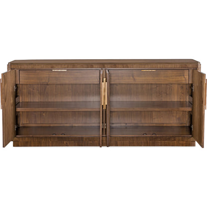 Eleana Buffet by Hooker Furniture in light caramel, quartered walnut veneers, sunlit bronze metal. Made from walnut veneers in a traditional style.