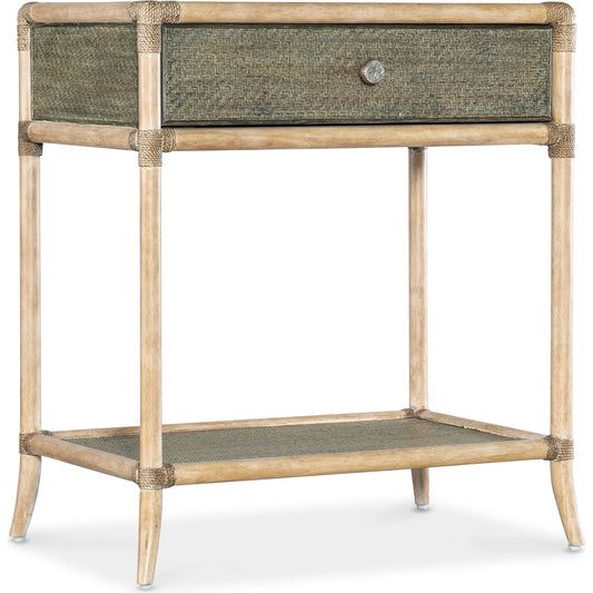 Retreat Pole Rattan Bedside Table by Hooker Furniture in green. Made from maple veneers, engineered raffia, rope, tempered glass in a cottage & farmhouse style.