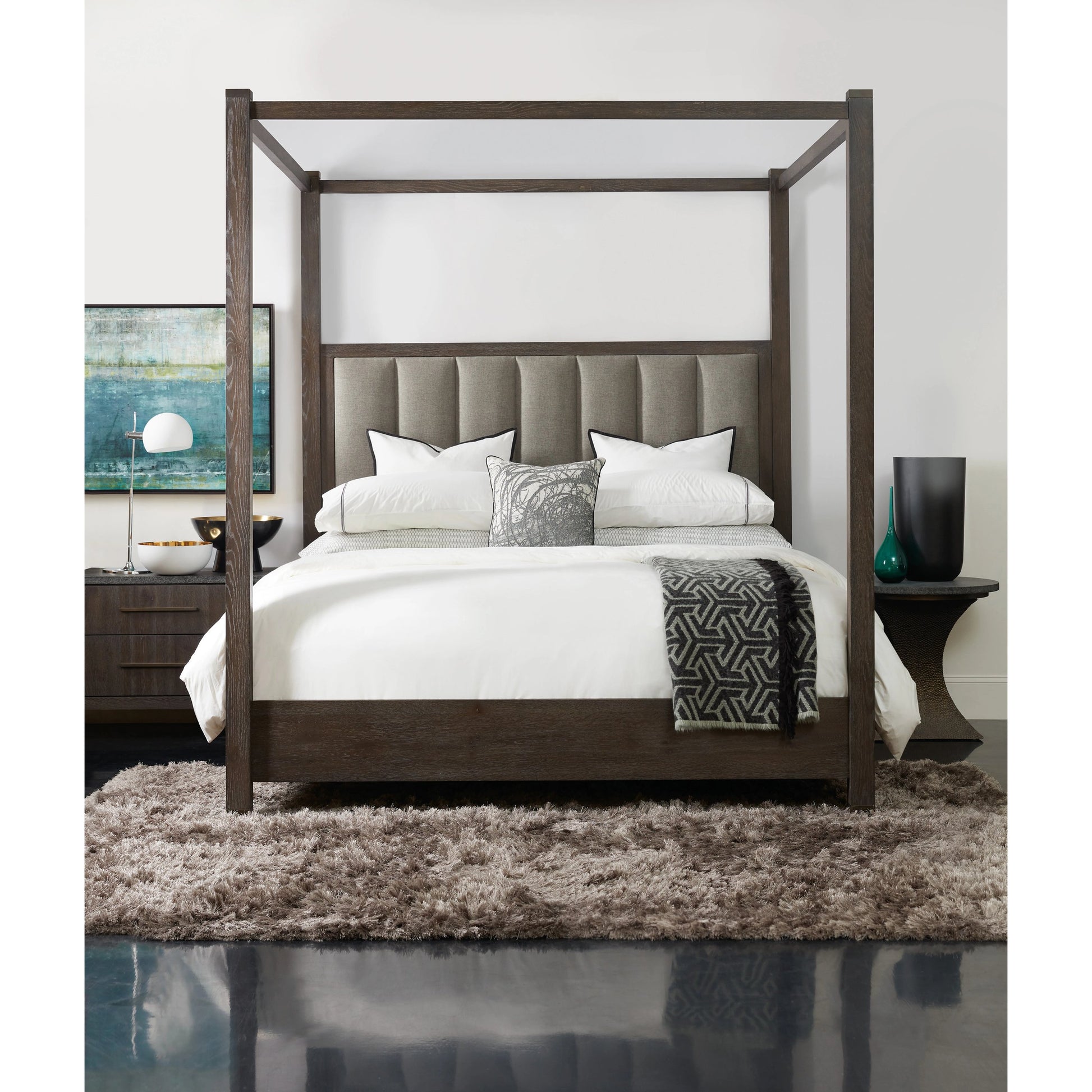 Jackson Poster Bed by Hooker Furniture in grey and smoky arabica, cleary cement. Made from white oak, pine knotty oak veneers with fabric in a traditional style.