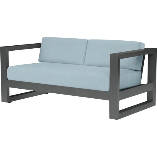 Redondo Outdoor Loveseat by Sunset West in grays. Made from aluminum in a modern style.