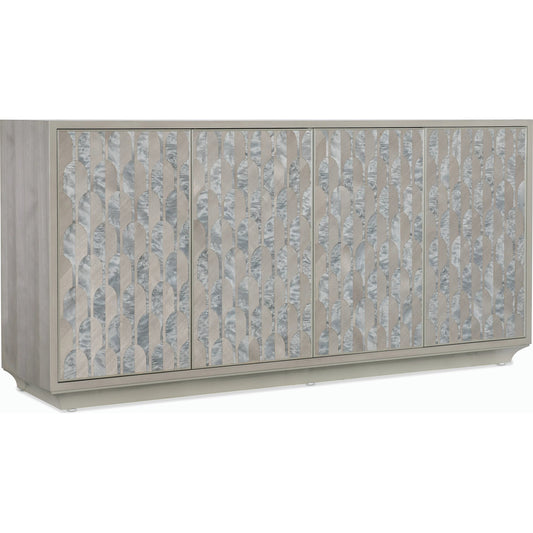 Melange Emile Credenza by Hooker Furniture in gray and gray. Made from dyed charcoal quartered hickory veneer with dyed charcoal burl veneer in a modern style.