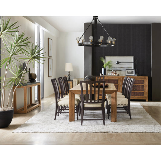 Big Sky Leg Table by Hooker Furniture in vintage natural. Made from pecky hickory veneers, solid-wood edged top in a modern style.
