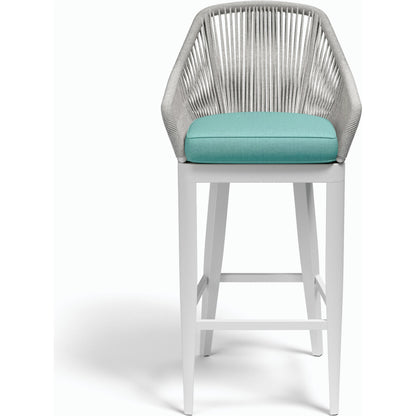 Miami Outdoor Barstool by Sunset West in frost. Made from olefin rope in a coastal style.