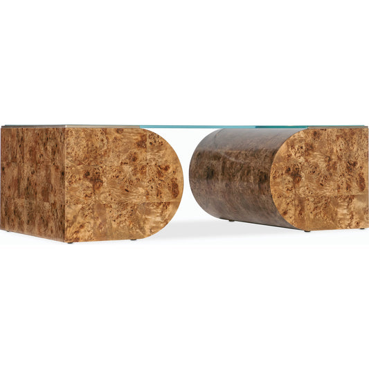 Melange Burlesque Coffee Table by Hooker Furniture in medium wood and mappa burl veneers. Made from mappa burl veneer with ultra-white tempered glass in a modern style.