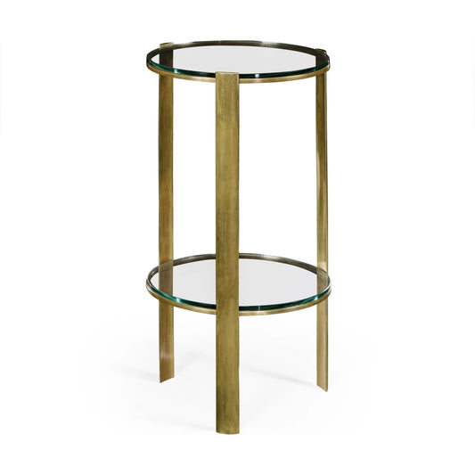 Cosmo Brass & Glass Round Lamp Table by Jonathan Charles in gold and light antique brass. Made from brass in a transitional style.