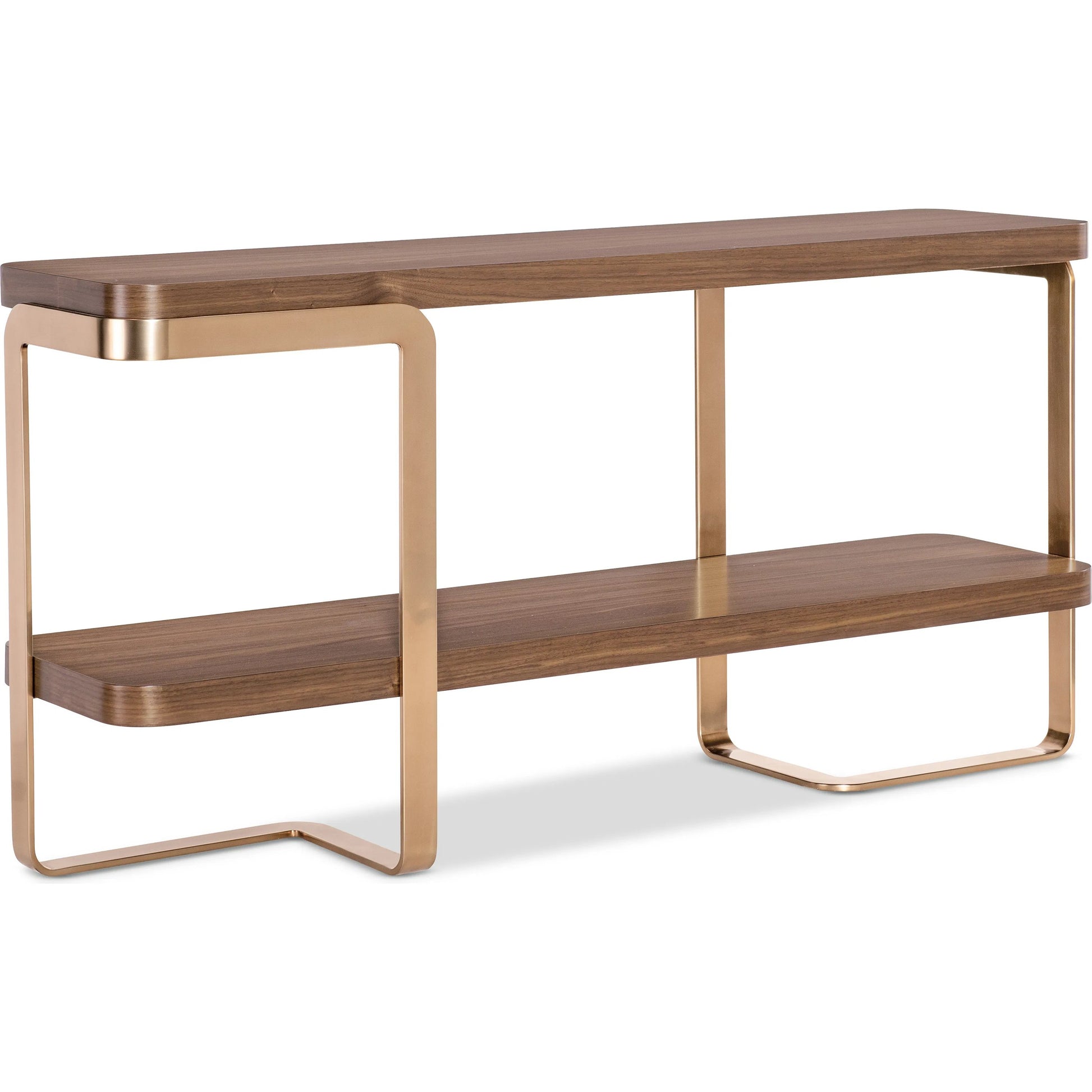 Eleana Console Table by Hooker Furniture in light caramel, sunlit bronze metal. Made from walnut veneers, metal in a modern style.