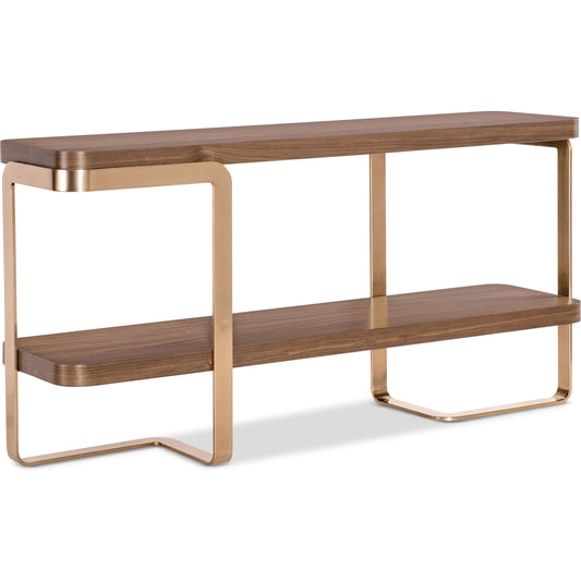 Eleana Console Table by Hooker Furniture in light caramel, sunlit bronze metal. Made from walnut veneers, metal in a modern style.