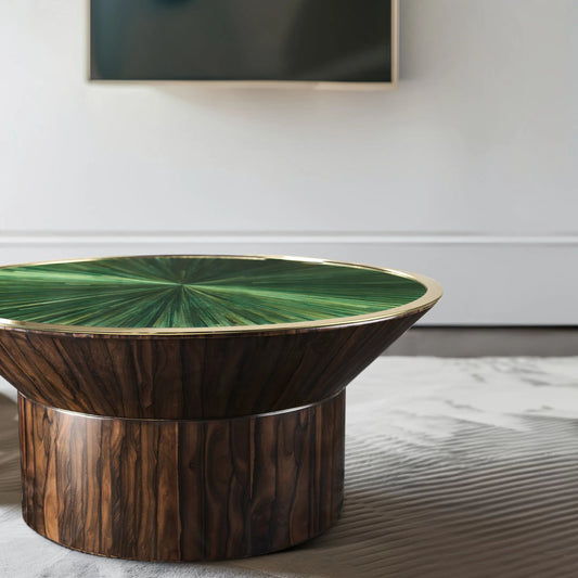 Verdure Cocktail Table by Jonathan Charles in jade green straw. Made from ziricote veneer flat cut in a eclectic & global style.