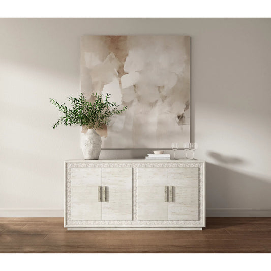 Ashlar Credenza by A.R.T. Furniture in bisque, sanded bronze. Made from parawood solids, birch veneers, resin, metal in a transitional style.