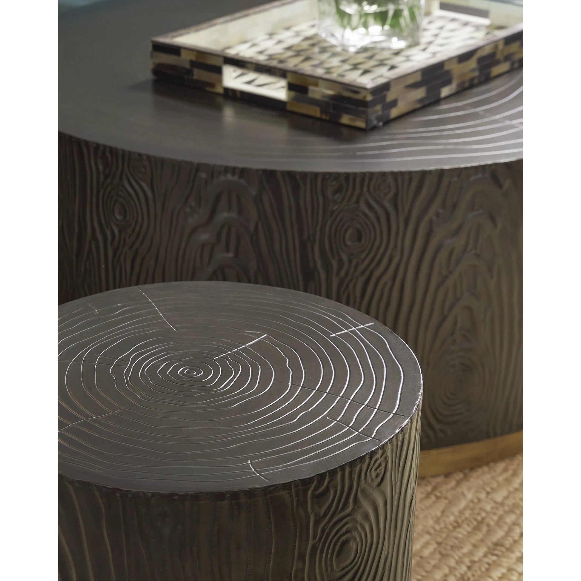 Terra Cocktail Table by Currey and Company in bronze, brass. Made from natural wood, brass in a modern style.