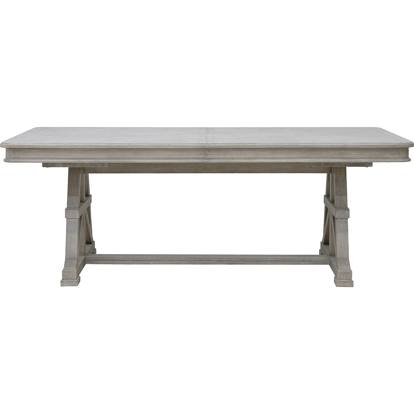 002 SI-2332648 | Additional Silo | Abbotts Glen Trestle Dining Table by Pulaski Furniture in windmill grey. Made from split heart cathedral oak in a transitional style.