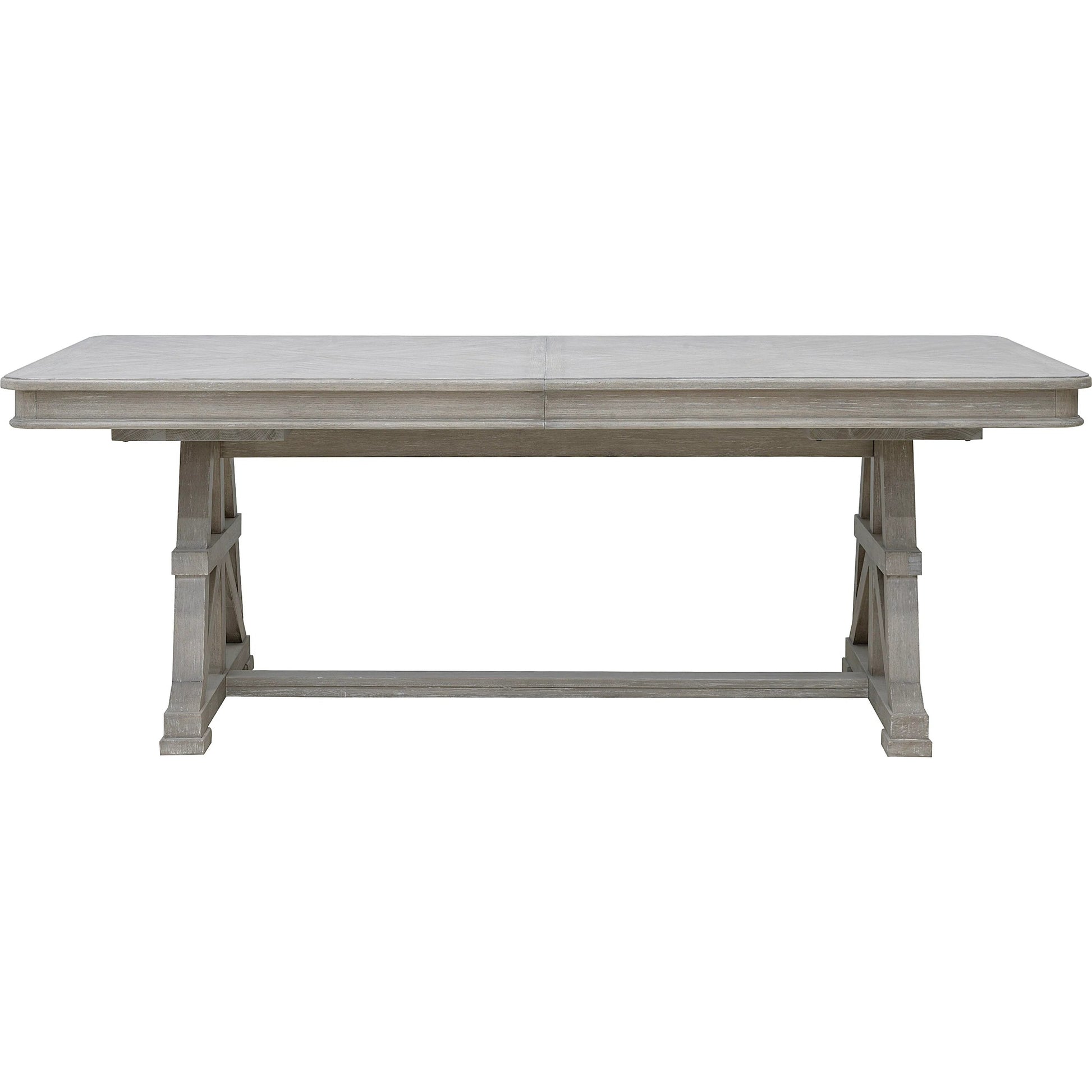 Abbotts Glen Trestle Dining Table by Pulaski Furniture in windmill grey. Made from split heart cathedral oak in a transitional style.