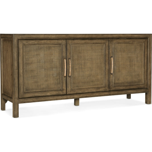 Sundance Media Console by Hooker Furniture in cliffside. Made from pecan veneers, rattan, solid-wood edge top in a traditional style.