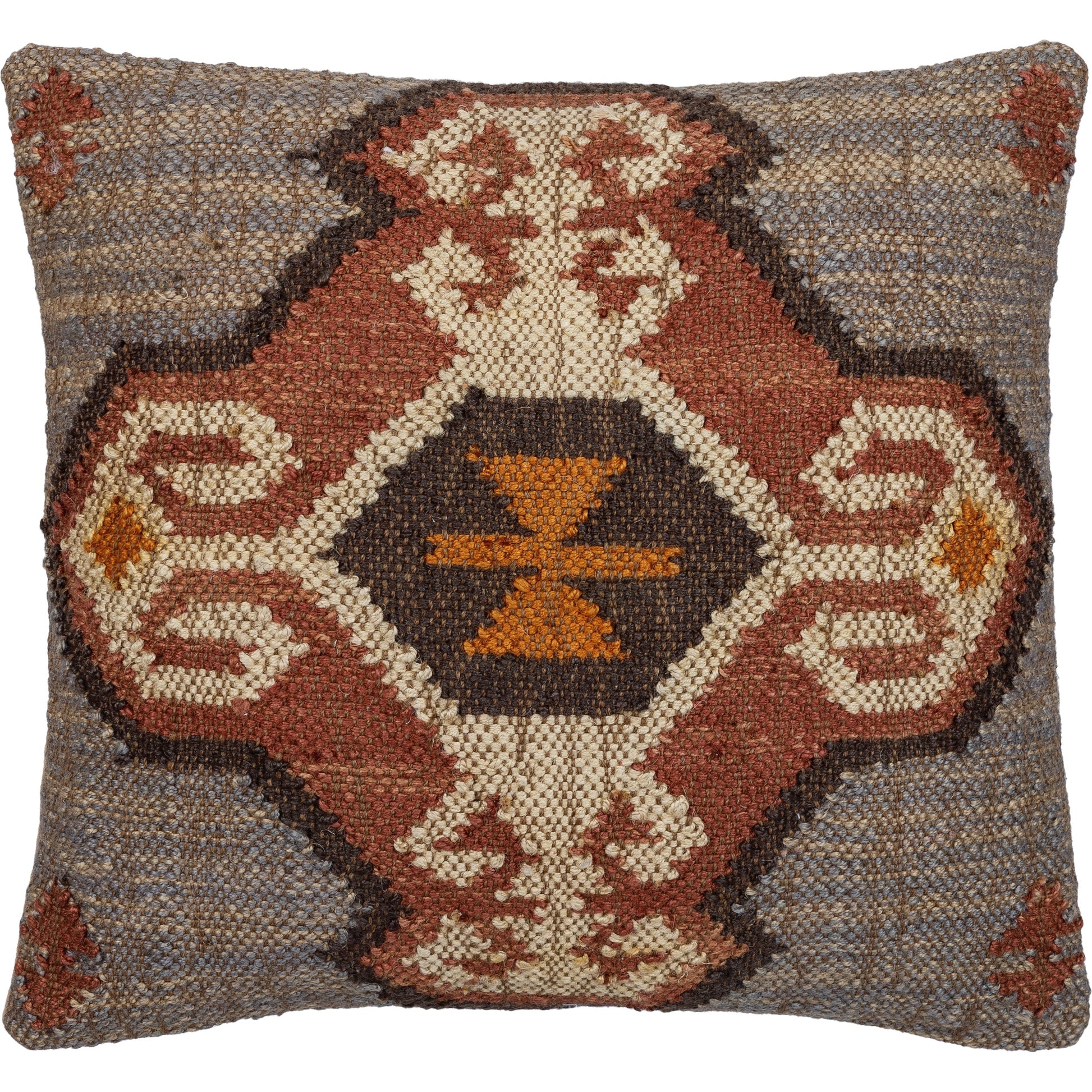 Chichester Pillow - 487797 by Surya in rust, charcoal, cream, mustard, slate blue. Made from front: 70% jute, 30% wool, back: 100% cotton in a modern style.