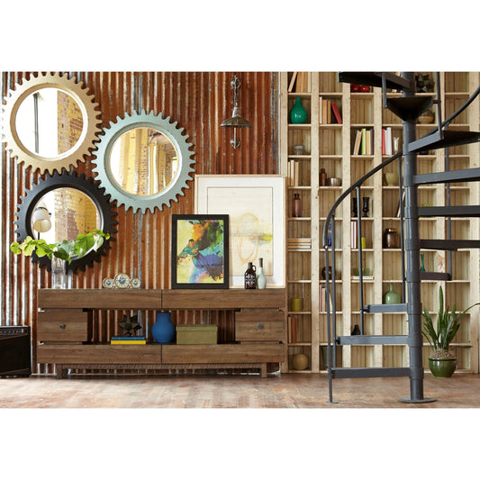 Epicenters Williamsburg Entertainment Console by A.R.T. Furniture in brown and reclaimed pallet. Made from wood in a modern style.