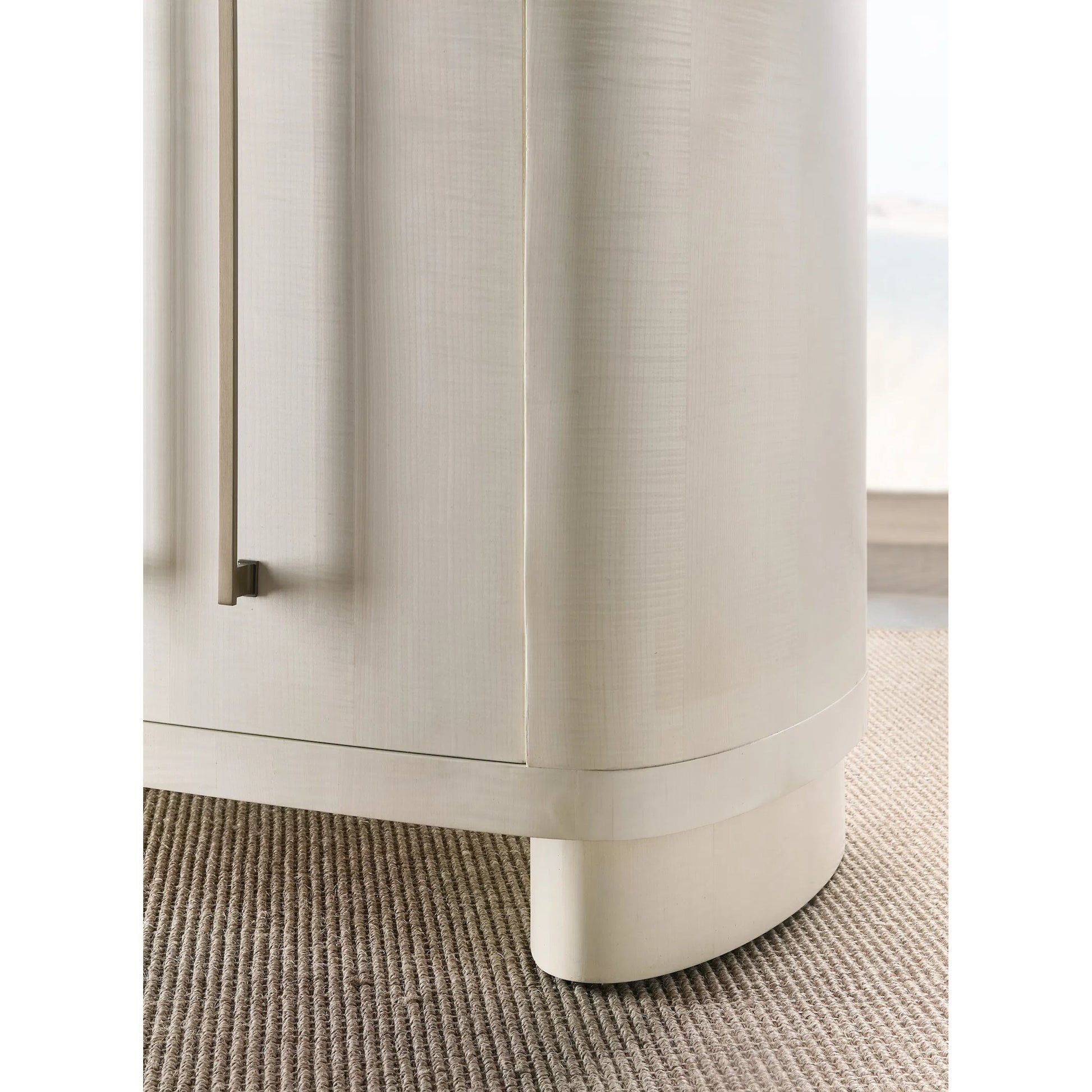 Melange Bar None Credenza by Hooker Furniture in white, maple veneers. Made from figured maple veneers, fabric, 82% polyester, 13% acrylic, 5% linen in a transitional style.