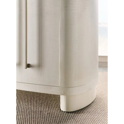 Melange Bar None Credenza by Hooker Furniture in white, maple veneers. Made from figured maple veneers, fabric, 82% polyester, 13% acrylic, 5% linen in a transitional style.