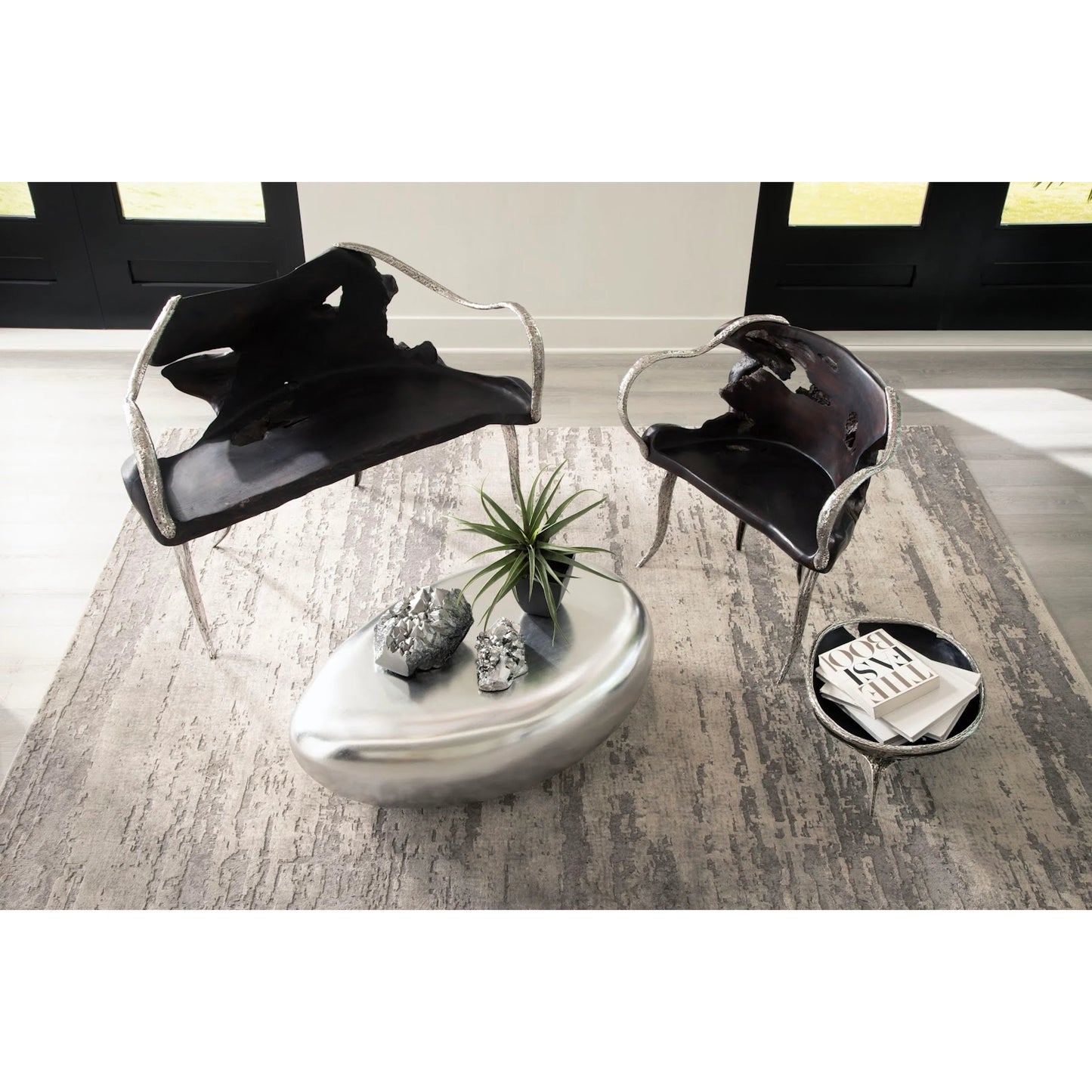 005 SI-2379558 | Lifestyle | Graven Live Edge Bench by Phillips Collection in brown, black. Made from wood, teak metal, aluminum in a modern style.