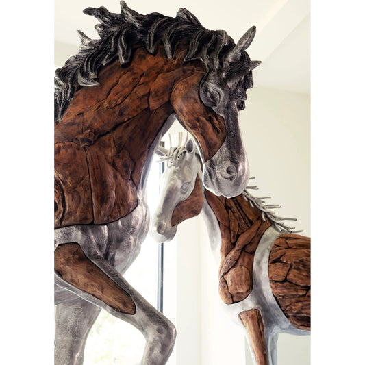 Mustang Horse Woodland Sculpture by Phillips Collection in brown, silver. Made from metal, wood in a modern style.