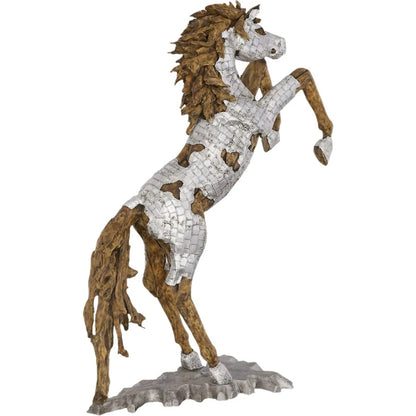 Mustang Horse Armored Sculpture Rearing by Phillips Collection in silver, brown. Made from metal, wood in a modern style.