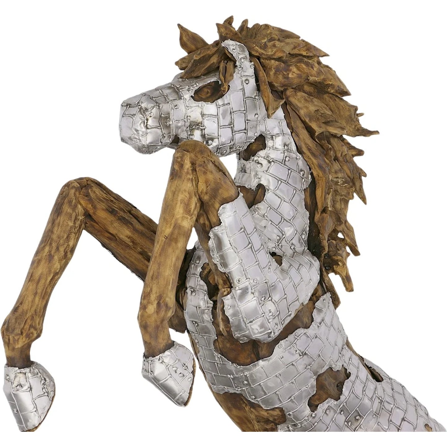 002 SI-2138215 | Closeup | Mustang Horse Armored Sculpture Rearing by Phillips Collection in silver, brown. Made from metal, wood in a modern style.