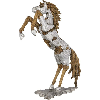Mustang Horse Armored Sculpture Rearing by Phillips Collection in silver, brown. Made from metal, wood in a modern style.