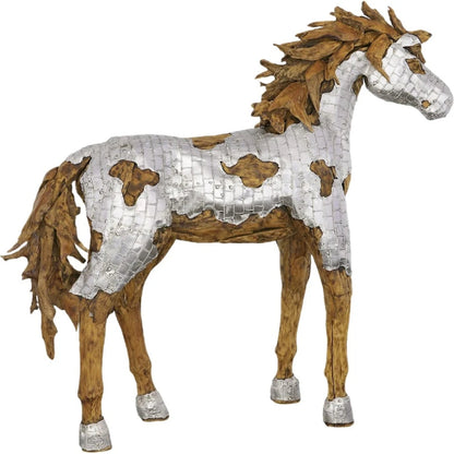 Mustang Horse Armored Sculpture Walking by Phillips Collection in silver, brown. Made from metal, wood in a modern style.
