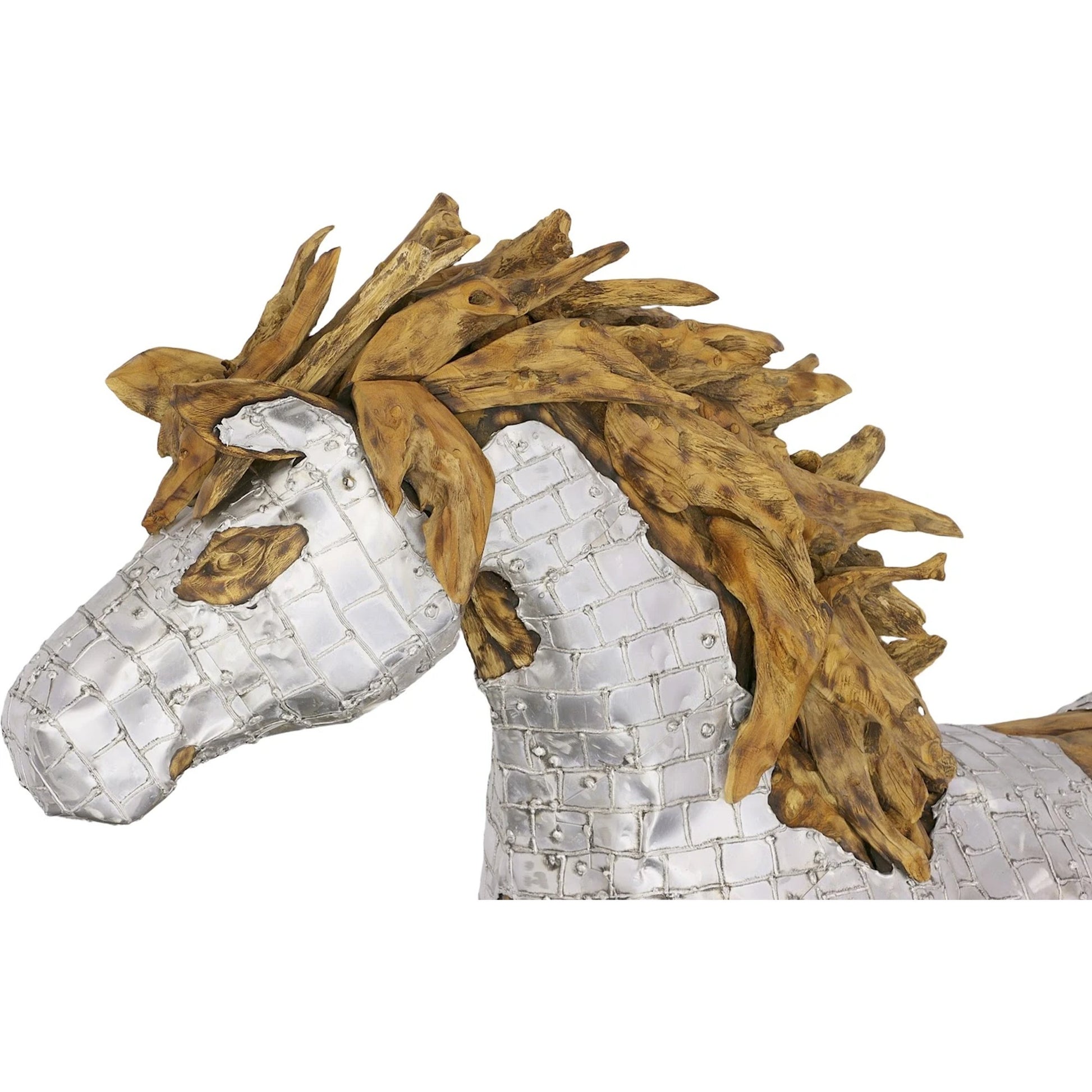 Mustang Horse Armored Sculpture Walking by Phillips Collection in silver, brown. Made from metal, wood in a modern style.