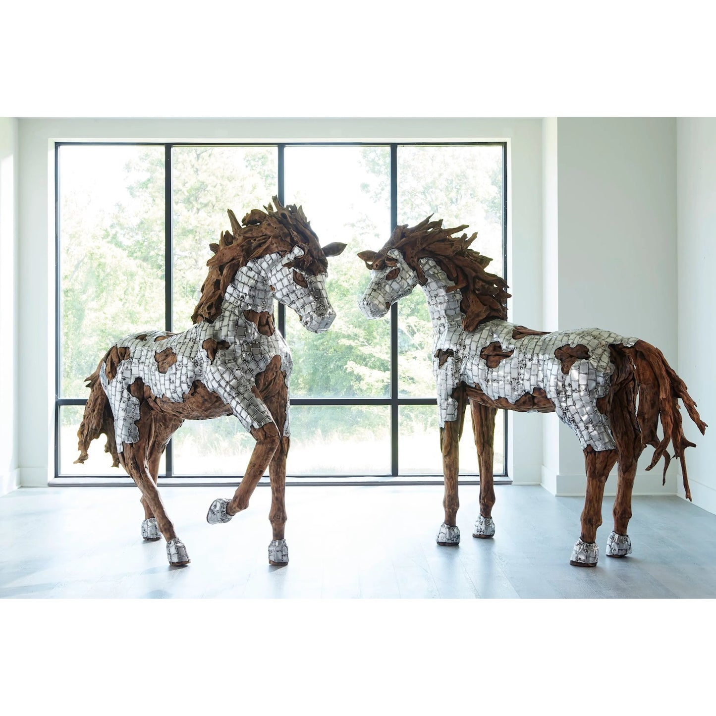 003 SI-2138216 | Lifestyle | Mustang Horse Armored Sculpture Walking by Phillips Collection in silver, brown. Made from metal, wood in a modern style.