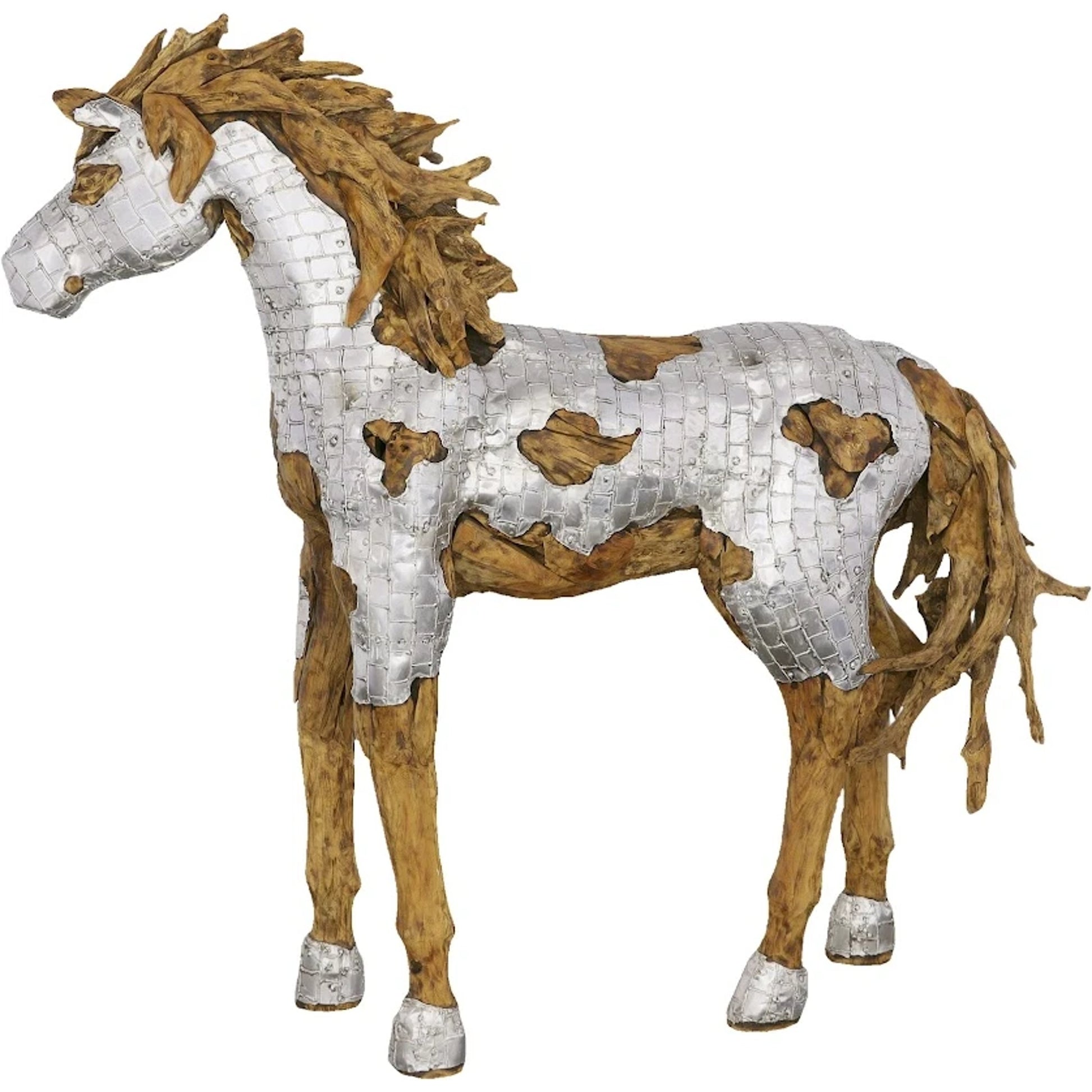 Mustang Horse Armored Sculpture Walking by Phillips Collection in silver, brown. Made from metal, wood in a modern style.