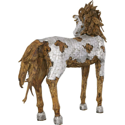 Mustang Horse Armored Sculpture Standing by Phillips Collection in silver, brown. Made from metal, wood in a modern style.