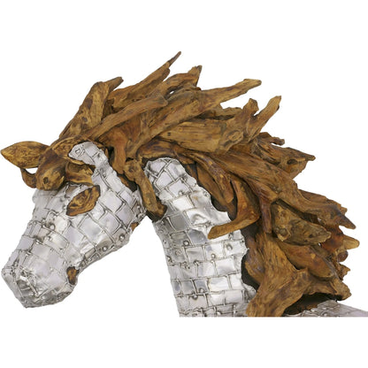 Mustang Horse Armored Sculpture Standing by Phillips Collection in silver, brown. Made from metal, wood in a modern style.