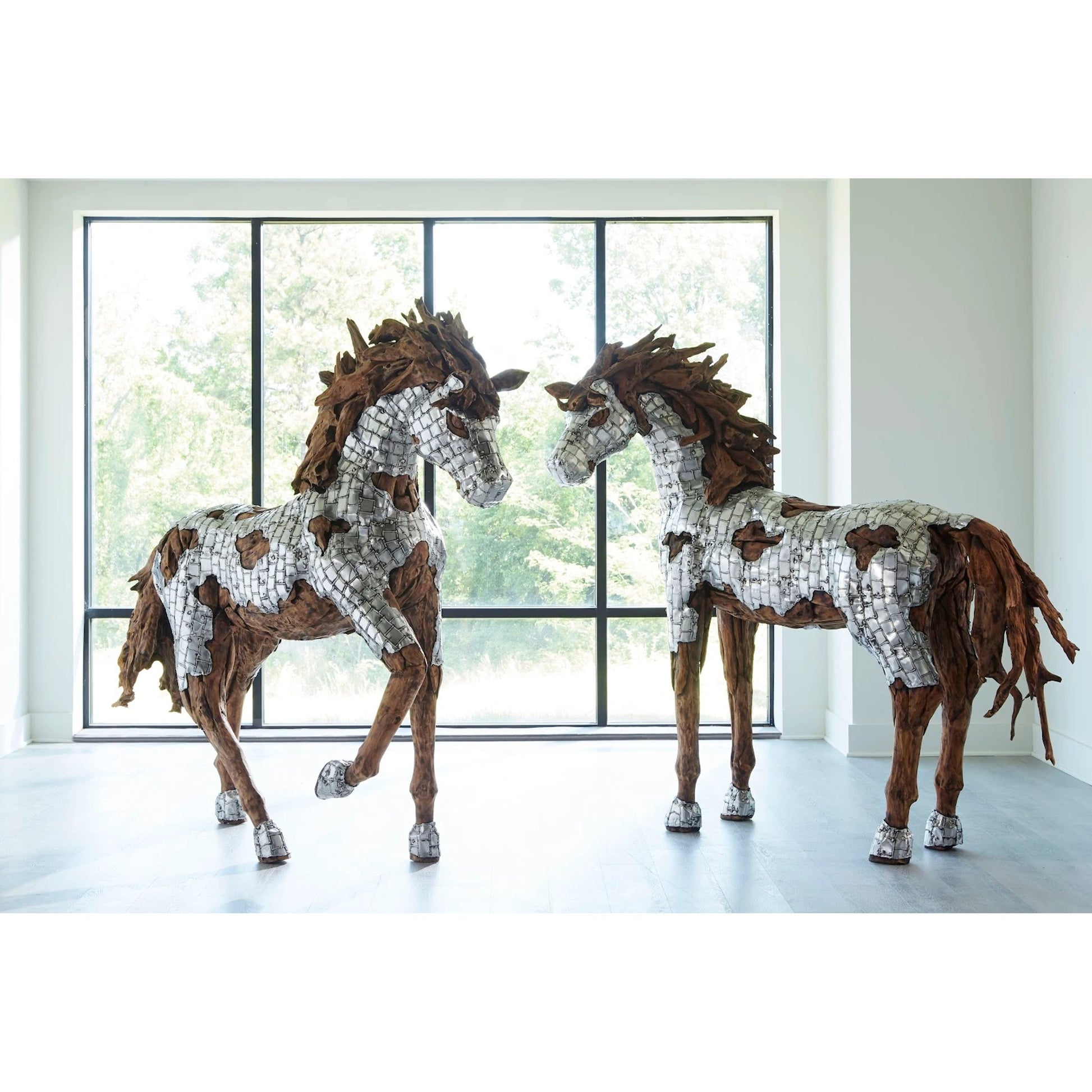 Mustang Horse Armored Sculpture Standing by Phillips Collection in silver, brown. Made from metal, wood in a modern style.