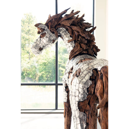 Mustang Horse Armored Sculpture Standing by Phillips Collection in silver, brown. Made from metal, wood in a modern style.
