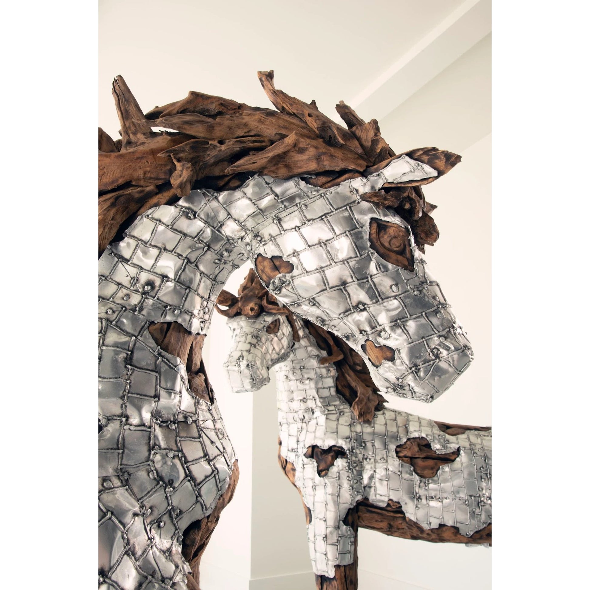 Mustang Horse Armored Sculpture Standing by Phillips Collection in silver, brown. Made from metal, wood in a modern style.