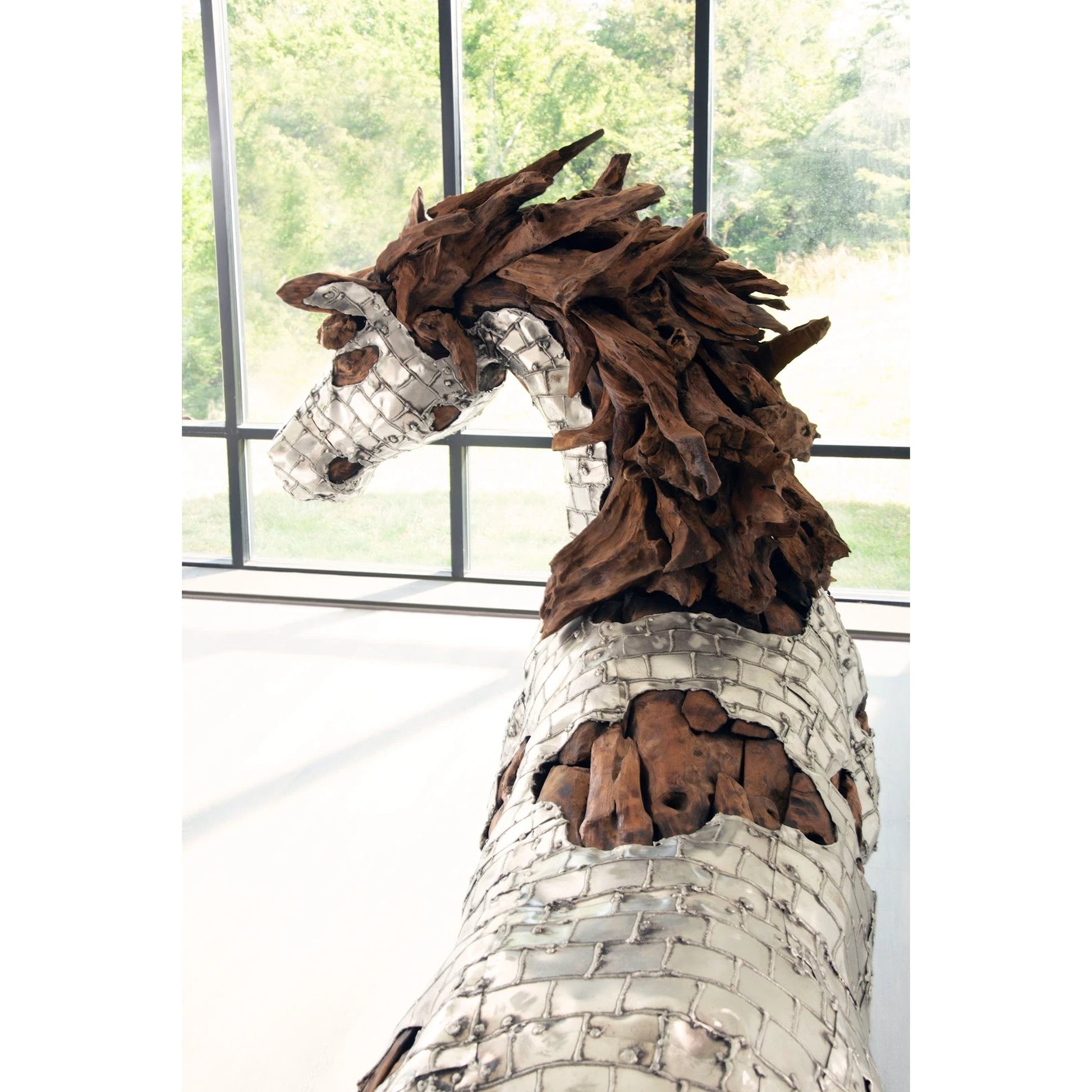 Mustang Horse Armored Sculpture Standing by Phillips Collection in silver, brown. Made from metal, wood in a modern style.