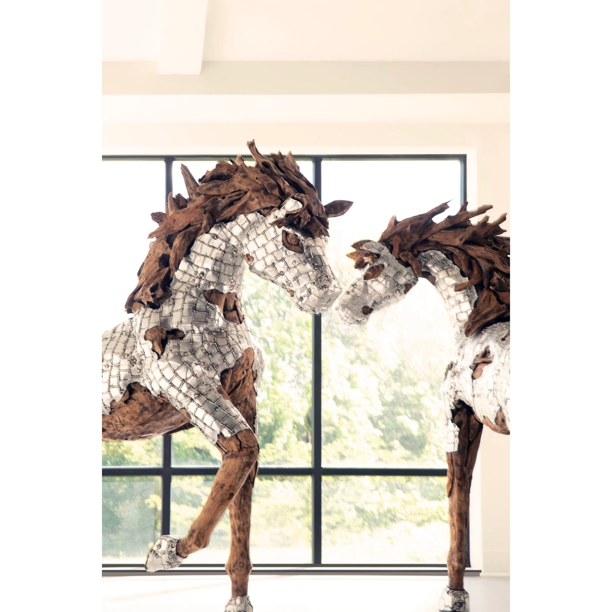 Mustang Horse Armored Sculpture Standing by Phillips Collection in silver, brown. Made from metal, wood in a modern style.