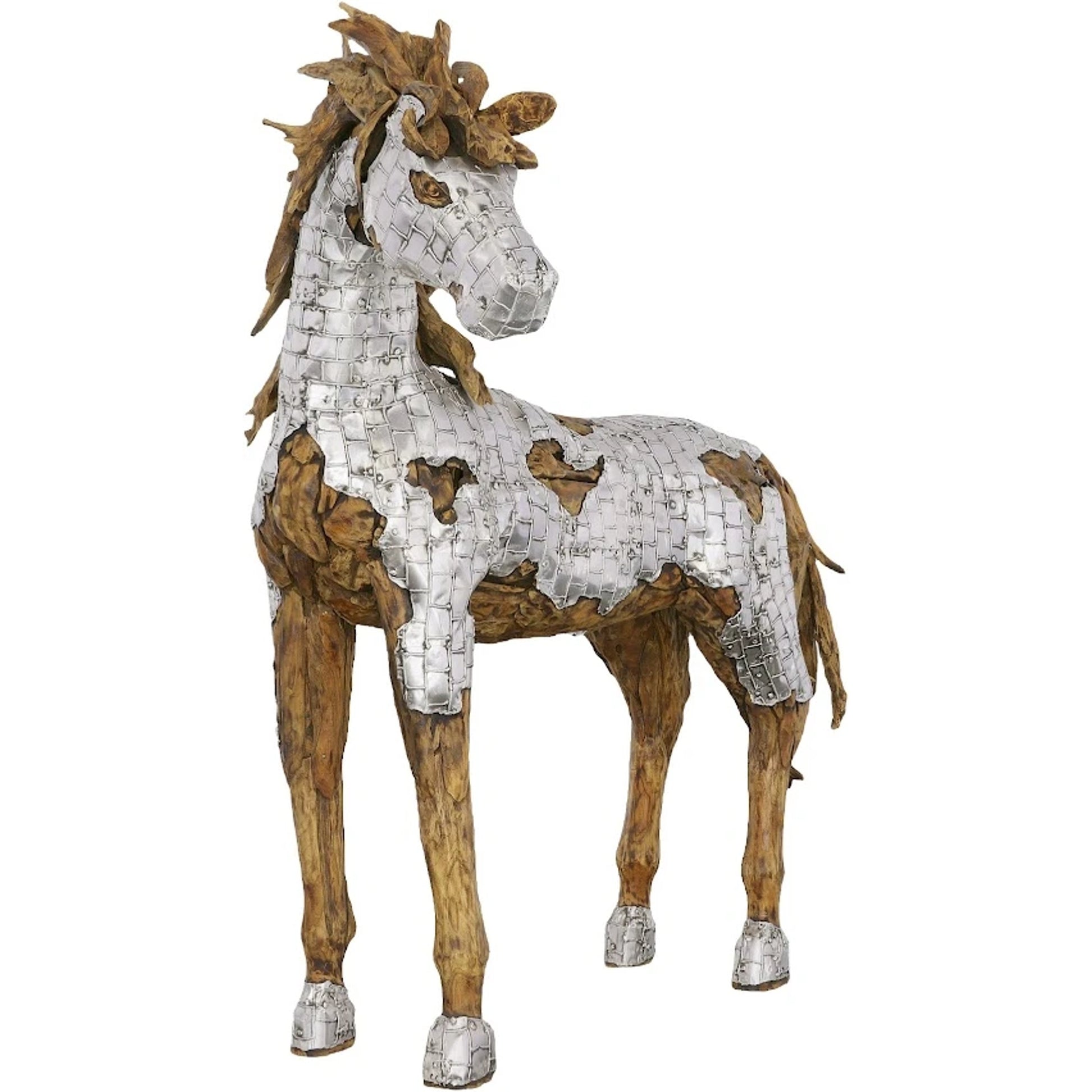 Mustang Horse Armored Sculpture Standing by Phillips Collection in silver, brown. Made from metal, wood in a modern style.