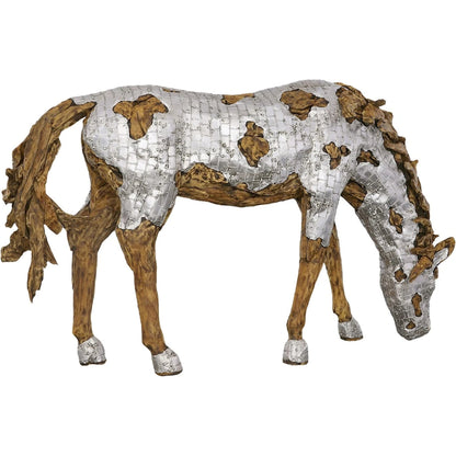 Mustang Horse Armored Sculpture Grazing by Phillips Collection in silver, brown. Made from metal, wood in a modern style.